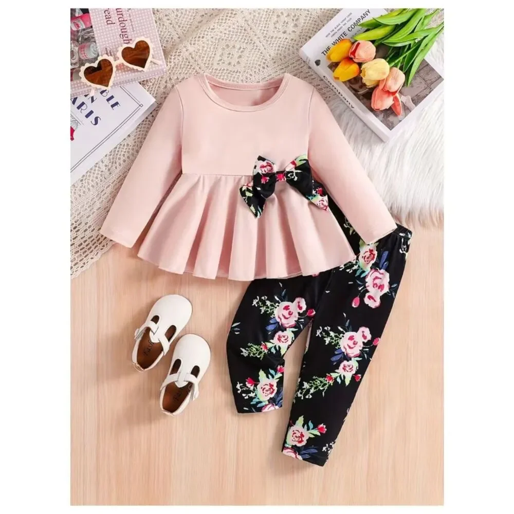 NWT Blossom Chic Two-Piece Set Pink & Black Top Coordinating Floral Leggings
